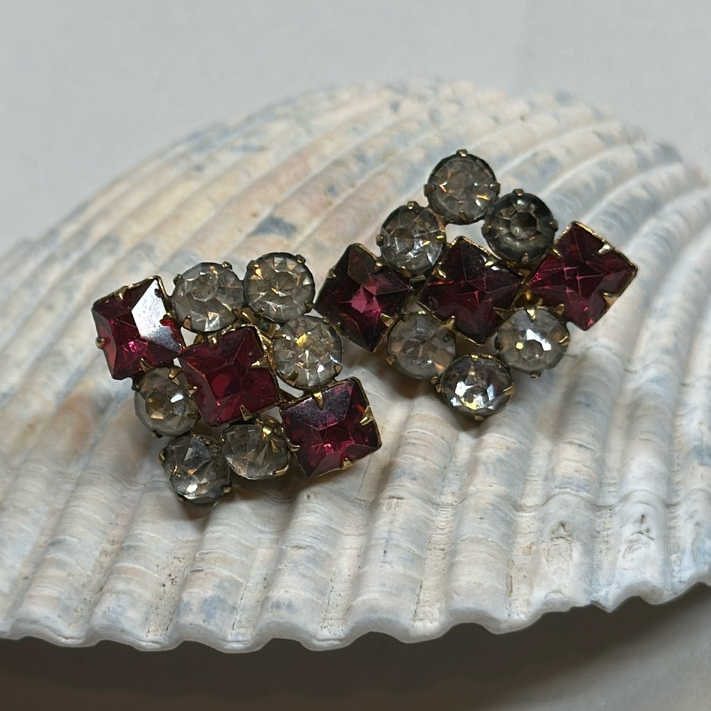 Vintage P&F Gold Filled Screw Back Earrings - Ruby Pink & Crystal Rhinestones